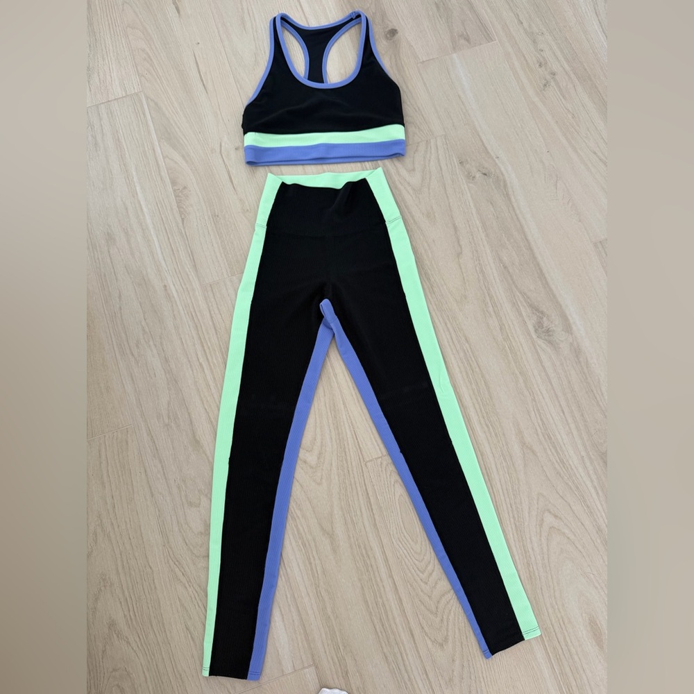 Beach Riot Black Leggings & Sports Bra with Mint and Lavender Stripes